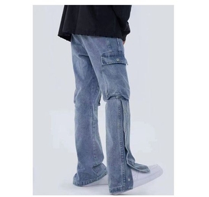 Pantalones vaqueros lavados con botonadura de calle alta para hombre de tendencia Retro americana Europea pantalones de pierna recta de Hip Hop multibolsa suelta ancha al por mayor - Product Image 4