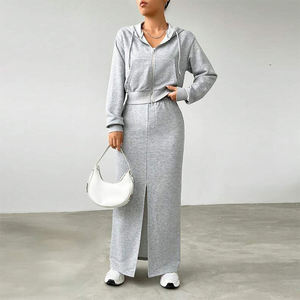 ชุดเซ็ตกระโปรง 2 ชิ้นสำหรับผู้หญิง ฤดูหนาว F230619 เสื้อครอปมีฮู้ดซิป ชุดเดรสยาวทรงแม็กซี่ผ้าฟลีซสไตล์วินเทจ เสื้อผ้าสตรีแนวสตรีท 1 ชุด - Product Image 4