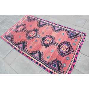 Vintage Turkish Accent Rug 3.37x5.8 ft, <b>Red</b> Blue Striped <b>Wool</b> Rug - Product Image 2