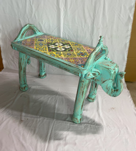 Handcrafted Rajasthani Hand-Painted Wooden Elephant Face Tiles Fitted Antique Finish Nighstand Bedside End Table - Product Image 5