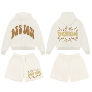 ชุดเซ็ตเสื้อฮู้ดดี้พิมพ์ลายพัฟฟ์ซิปและกางเกงขาสั้นผู้ชาย ผ้าฝ้าย 100% เฟรนช์เทอร์รี่ แบบเรียบ ไม่มีลาย เสื้อฮู้ดดี้ผู้ชายทรงโอเวอร์ไซส์ และกางเกงขาสั้นสีซีดแบบซันเฟด - Product Image 3