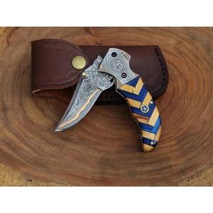 Cuchillo de bolsillo plegable de acero damasco, mango de madera personalizable, multifuncional, OEM, compatible con caza, Camping, uso al por mayor - Product Image 3