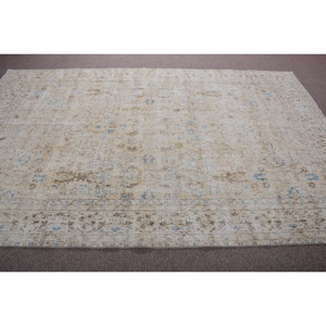 พรมวินเทจตุรกีขนาดใหญ่ 6.3x9.7 ฟุต สีเบจขอบสีน้ำเงิน ทำจากขนสัตว์ - Product Image 3