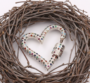 <b>Heart</b> Shape Carabiner Lock 925 <b>Sterling</b> <b>Silver</b> Rhodium & Gold Plated Claw Setting Multi-Color CZ - Product Image 5