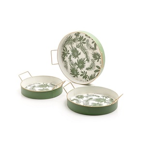 Juego de 3 bandejas de metal de diferentes colores y tamaños con asas doradas Bandeja de comida de vajilla de forma redonda - Product Image 3