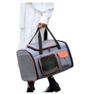 Bolsa de Transporte para Mascotas con Laterales Suaves, Tela Oxford, Cierre de Cremallera, Ventana de Malla Transpirable para Gatos, Capacidad de 15 kg, Gris con Ribete Naranja - Product Image 2