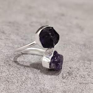 Anillo de Plata de Ley 925 con Doble Piedra de Amatista Natural, Piedra Natalicia de Febrero, Joyería Hecha a Mano para Mujer - Product Image 1