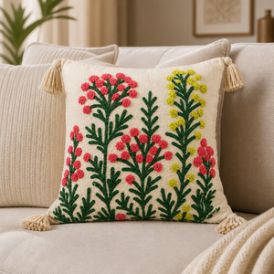 Coussin décoratif en coton brodé à la main avec insert, motif prairie botanique rose, avec pompons, pour salon - Product Image 3
