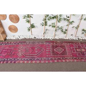 Large Bohemian Patchwork Wool <b>Rug</b> 3.1 X 11.6 ft Pink Brown Rectangle Shape for Entryway or Bedside Latex Backed <b>Boho</b> Style - Product Image 2