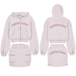 Femmes 2025 Logo personnalisé décontracté solide deux pièces fermeture éclair à capuche haut court polaire sweat jupe motif Vintage pour le printemps - Product Image 5