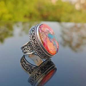 Bague en argent sterling 925 faite à la main avec pierres précieuses vintage, huître naturelle, cuivre, turquoise, cadeau de mariage et de fête pour elle - Product Image 5