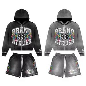 Conjunto de Sudadera con Capucha y Pantalones Cortos Unisex Vintage Personalizado, Estampado, 100% Algodón, Tela Gruesa, Apliques Desgastados, Parches, Piedras, Ácido - Product Image 5