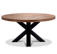 Table à manger de style européen en bois de manguier massif avec finition brute naturelle, forme ronde, 4 places, pieds en métal croisés, pour la maison et l'hôtel