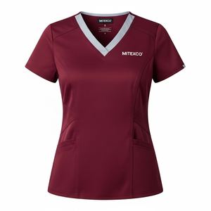 Haut de blouse médicale MITEXCO pour femme, col en V, couleur marron, manches courtes, uniforme de santé, tunique avec poches plaquées pour infirmière, médecin - Product Image 1