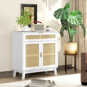 Luxury White Wood Storage <b>Cabinet</b> with Rattan Doors and Drawer Elegant Design Spacious Storage Durable Build for Living Room - Product Image 1