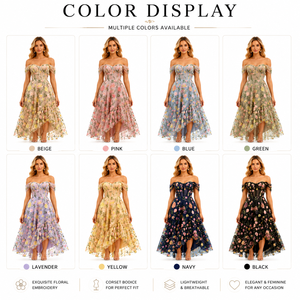 Robe mi-longue corset brodée florale personnalisée, épaules dénudées, manches courtes bouffantes, tissu en tulle léger asymétrique, fabrication ODM pour femmes - Product Image 2