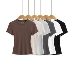 Camiseta de Manga Corta Ajustada para Mujer, con Logotipo Personalizado Bordado, Precio de Fábrica en China y Bangladesh, Base de Viscosa Elástica - Product Image 1