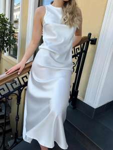 Classique Blanc 100% Soie Satin Slip Robe Longueur Au Sol Motif Solide Luxe Ajustement Détendu pour Style Sans Effort Confort Jour Nuit - Product Image 3