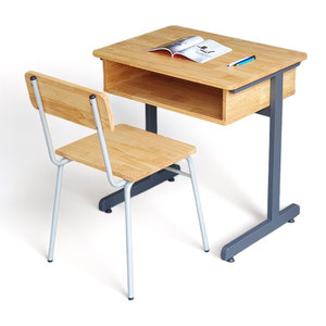 Comfortable Single Student Desk and Chair Set with Bookshelf Rubber Wood Frame Iron Legs-BGHS004 School <b>Table</b> for Malls - Product Image 1
