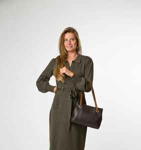 Sac fourre-tout en cuir véritable marron foncé pour femme, sac à bandoulière bicolore à trois compartiments, résistant à l'eau, sac à main de travail - Product Image 4