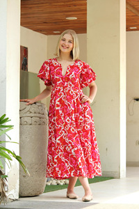 Vestido de Mujer de Algodón 100% Suave, Cuello en V, Estampado Floral Hecho a Mano, Ecológico, Lavable, de Manga Corta, Hasta la Rodilla, para Exteriores - Product Image 3