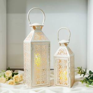 White Metal <b>Moroccan</b> <b>Lantern</b> Set with Intricate Cutwork Glass Panels Warm Candle Glow Elegant Festive Home Decor and Gift Choice - Product Image 4