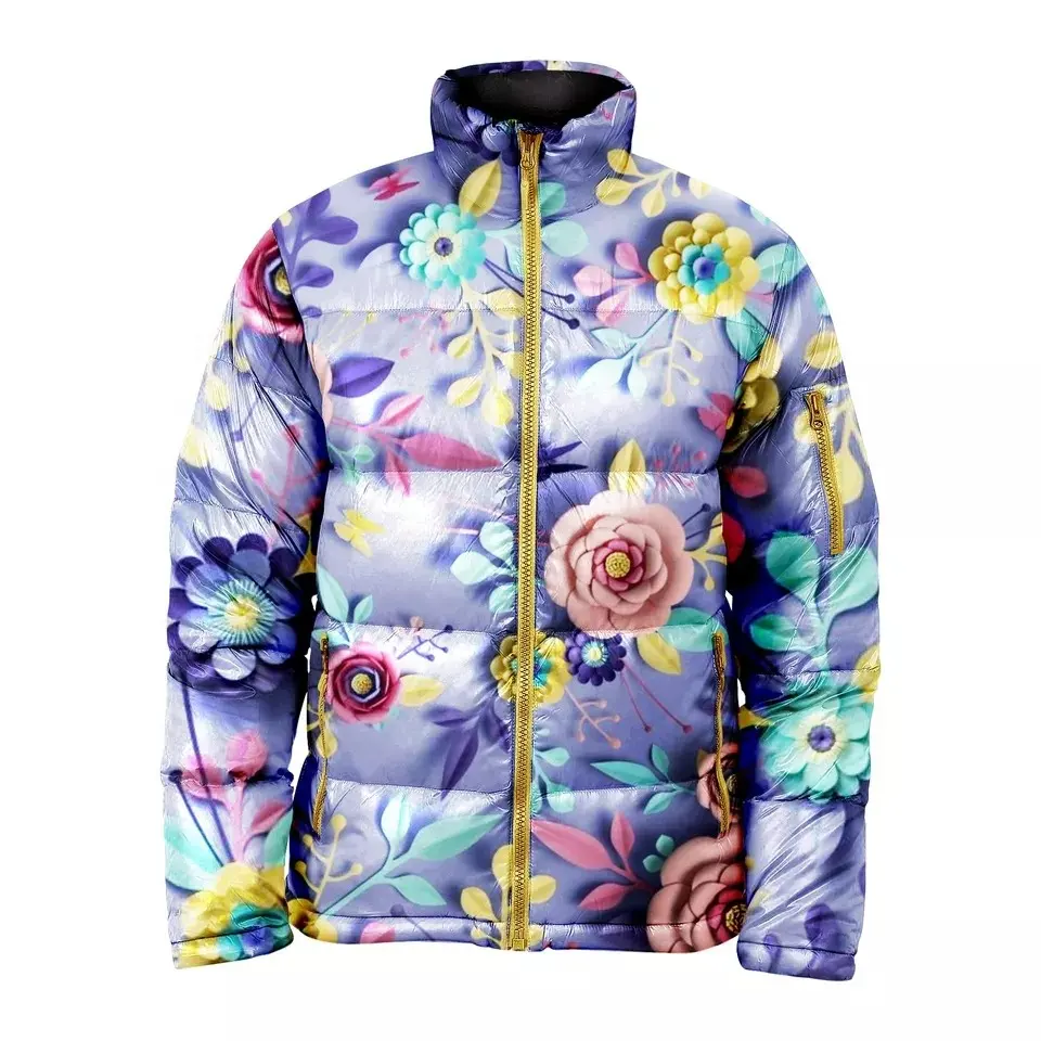 Gesublimeerd Oem Custom Nieuwe Mode Mannen All Over Print Down Puffer Jas Winter Warm Hooded Jassen Voor Man Aangepaste