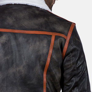 Veste en cuir noire pour homme avec garniture marron, doublure en peau de mouton, fermeture éclair, style moto, vêtement d'hiver, coupe classique - Product Image 6