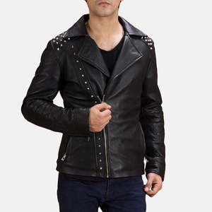 Black Studded Genuine Sheepskin and Cowhide Leather <b>Biker</b> <b>Jacket</b> Reversible Design XS to XL Sizes Autumn Season ODM Coated - Product Image 1