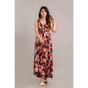 Vestido Maxi sin Mangas con Estampado Geométrico Multicolor, Corte Ajustado y Evase - SHKUP1368, Diseño Elegante y Transpirable para Oficina, OEM/ODM - Product Image 6