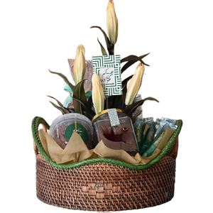Handmade Wicker <b>Gift</b> <b>Hamper</b> with Gourmet Snacks and Decorative Lily Arrangement for Eid Mubarak Celebration <b>Basket</b> - Product Image 1