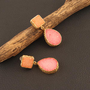 2022 nuevo diseño de azúcar druzy piedra doble stud pendiente chapado en oro textura terminar pendientes stud pendientes de joyería - Product Image 3