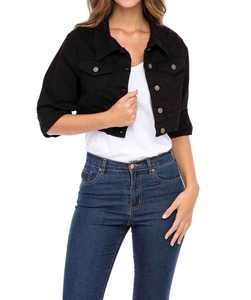 Ventes chaudes Vestes en jean pour femmes de couleur noire unie 100% coton Tissu à manches longues Style court Fermeture à boutons Vestes en jean pour femmes - Product Image 3