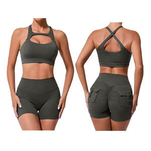 Women's Gym Wear Hollow Out Sport Bra & Scrunch Pockets <b>Shorts</b> Workout Clothing Active Wear Fitness Yoga Outfits - Product Image 2