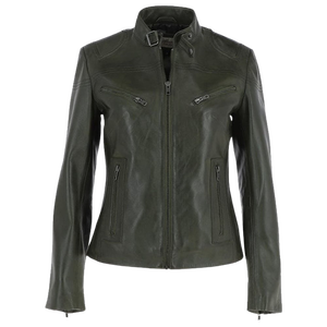 Crew Neck Standing Collar Plain Womens Genuine <b>Lambskin</b> <b>Leather</b> <b>Jacket</b> Front Zip Pockets Olive Green Solid Biker <b>Jacket</b> - Product Image 3