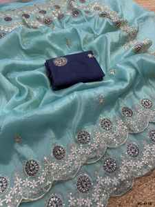 ผ้าส่าหรีสไตล์อินเดียสมัยใหม่ ผ้าคุณภาพพรีเมียมสีทองประกาย พร้อมงานปักลายปาลู และเสื้อปักลายบังคลอรี - Product Image 2