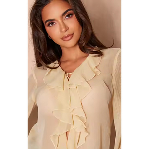 Nueva promoción estilo caliente otoño moda mujer camisa Beige gasa volante frente camisa verano manga larga escote vestido - Product Image 4