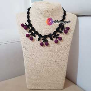 İğne Oyası Çitlembik Kiraz Kolye Mürdüm Collares de cuentas de moda con cinta negra - Product Image 1