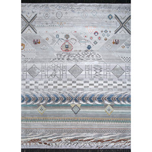 Alfombra Grande Manchaha de Lana y Seda de Bambú Anudada a Mano, Modelo Les-1408 con Patrón Geométrico para Sala de Estar, Pasillo, 10mm, Gris y Negro - Product Image 1