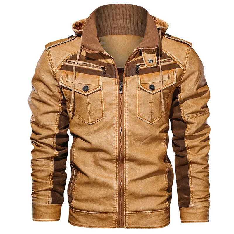 Nueva llegada de alta calidad, abrigo de motocicleta de tela PU con bolsillo, chaqueta a prueba de viento con tinte liso de cuero para hombre