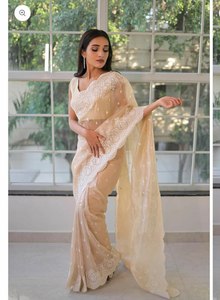 Sari en soie Georgette douce de haute qualité avec bordure en dentelle imprimée brodée en fil blanc pour mariage et fête - Product Image 2