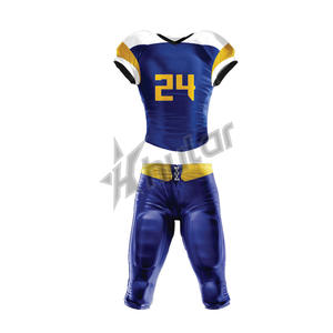 Ensemble de maillots de football américain en polyester en gros bleu et jaune, uniformes de football américain sublimés personnalisés - Product Image 1