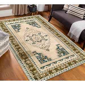Tapis turc beige : motif géométrique à médaillons, lavable en machine, tapis imprimé, tapis à poils doux - Product Image 3