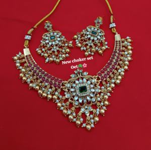 Conjunto de Collar chapado en oro del sur de la India tradicional antiguo con pendientes de piedra y joyería con tachuelas de perlas para mujer chica boda - Product Image 4