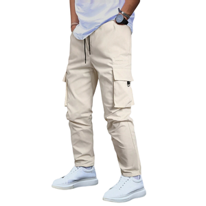 Pantalones Jogger Cargo Beige para Hombre, Cintura Elástica con Cordón, Múltiples Bolsillos, Estilo Casual, Utilitario, Pierna Recta, Pantalones de Trabajo, Ropa para Exteriores - Product Image 1