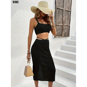 Conjunto de Dos Piezas de Punto para Mujer Jane's, Falda Corta con Tirantes y Detalle en la Cintura, con Abertura Profunda, 38373-Negro - Product Image 5