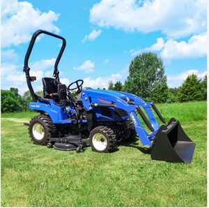 Tractor de ruedas Yuki de 24HP azul con cargador frontal y accesorio de cortadora - Product Image 1