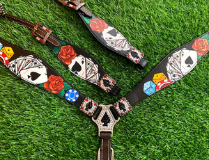 Cartes peintes à la main Fleurs et dés Bride de tête de cheval en cuir véritable avec rênes Cheval Polo Western Design Headstall - Product Image 3