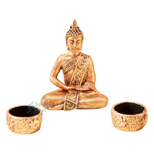<b>Buddha</b> Idol <b>with</b> Leaf Tree Back Panel & 2 <b>Candle</b> <b>Holders</b> Resin Crafts Showpiece for Home Decor and Diwali Celebration - Product Image 3
