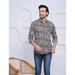 Chemise décontractée 100 % coton imprimée à manches longues, col mandarin, tissu popeline, style semi-formel, tailles XL 3XL, respirante - Product Image 1